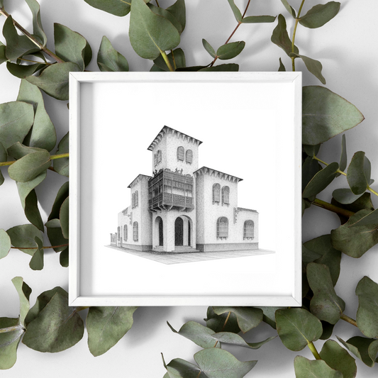 Mockup del balcón limeño en Barranco, imagen digital del dibujo en grafito, simulando enmarcado en blanco con paspartú blanco.