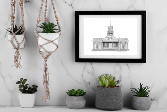 Mockup digital del dibujo de la Biblioteca Municipal en Barranco, imagen en grafito, estilo neocolonial.