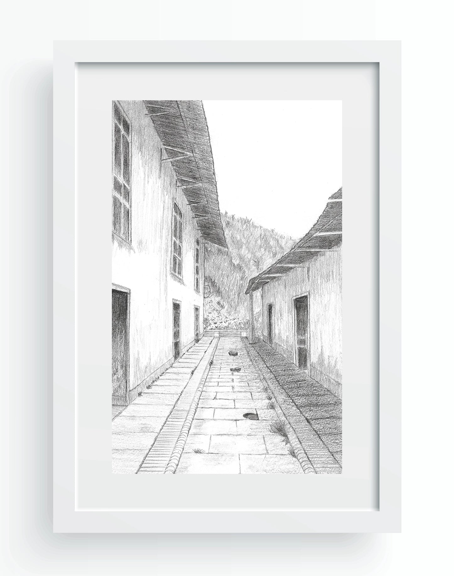 Mockup de Cajamarca, imagen digital del dibujo en grafito, simulando enmarcado en blanco con paspartú blanco.