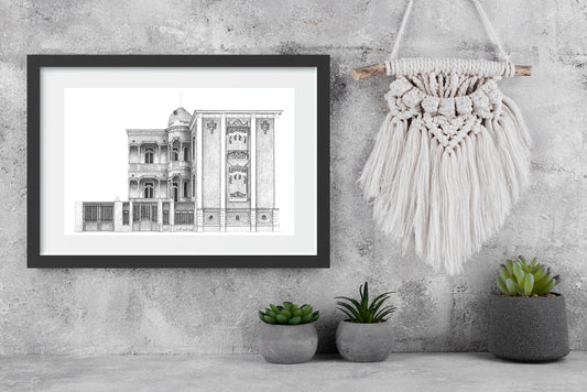 Mockup digital del dibujo de la Casa de Leeuw en Barranco, imagen en grafito, estilo neocolonial.