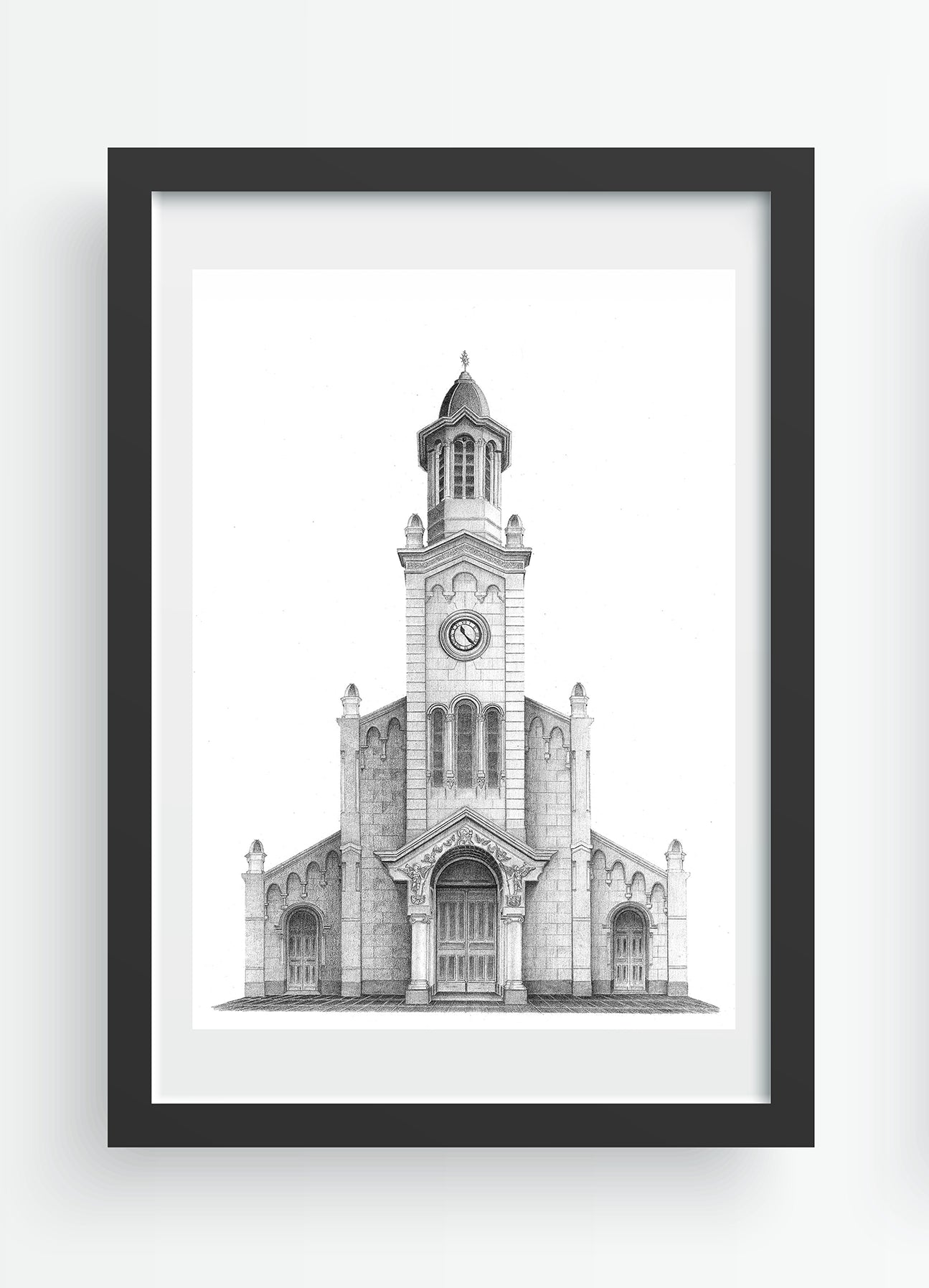 Mockup de un dibujo arquitectónico de la Iglesia San Francisco de Asís en Barranco, con marco negro elegante. Obra de Erin García Morey.