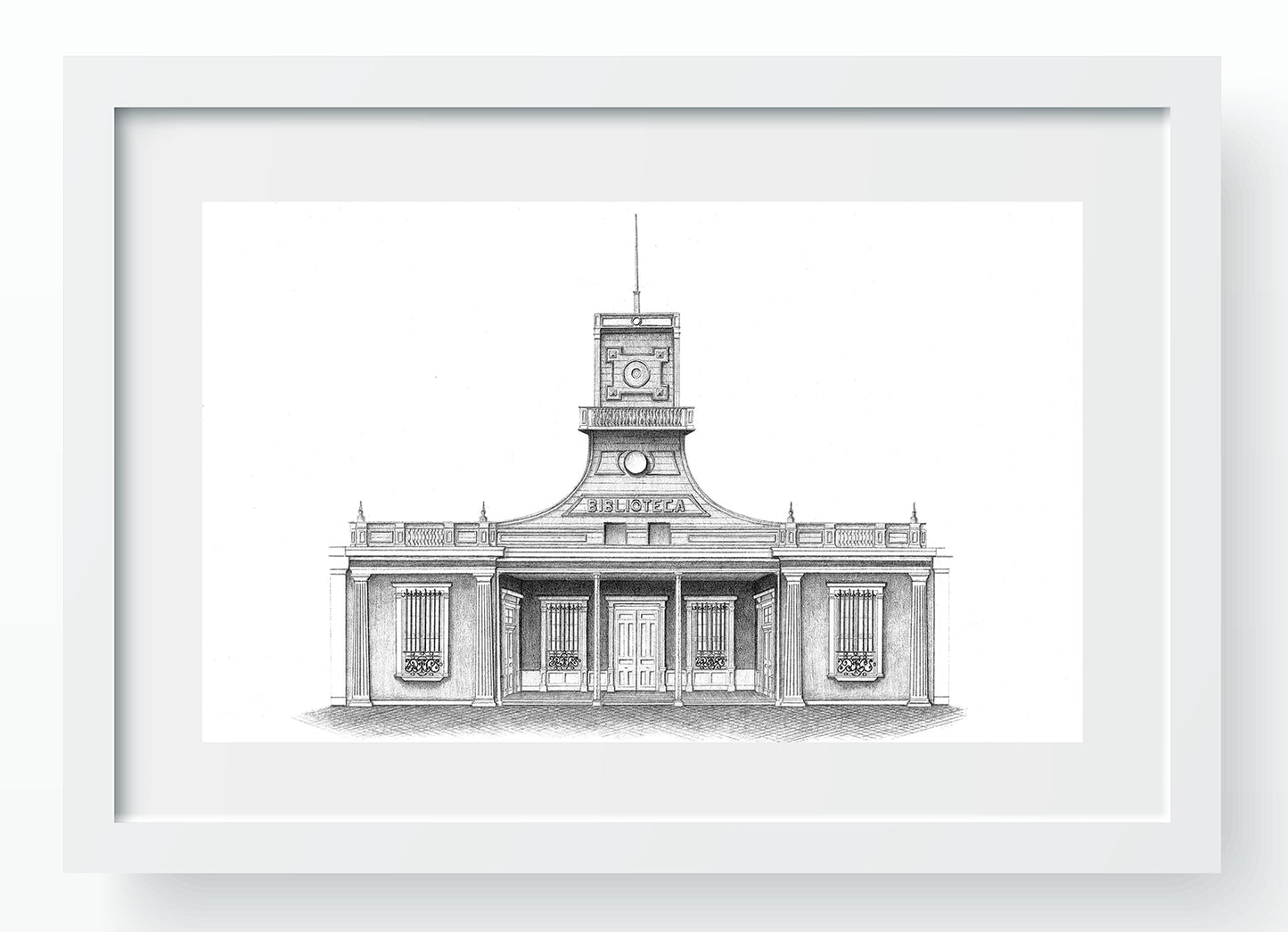 Mockup de la Biblioteca Municipal enmarcada en blanco con paspartú blanco, dibujo en grafito de estilo neocolonial.