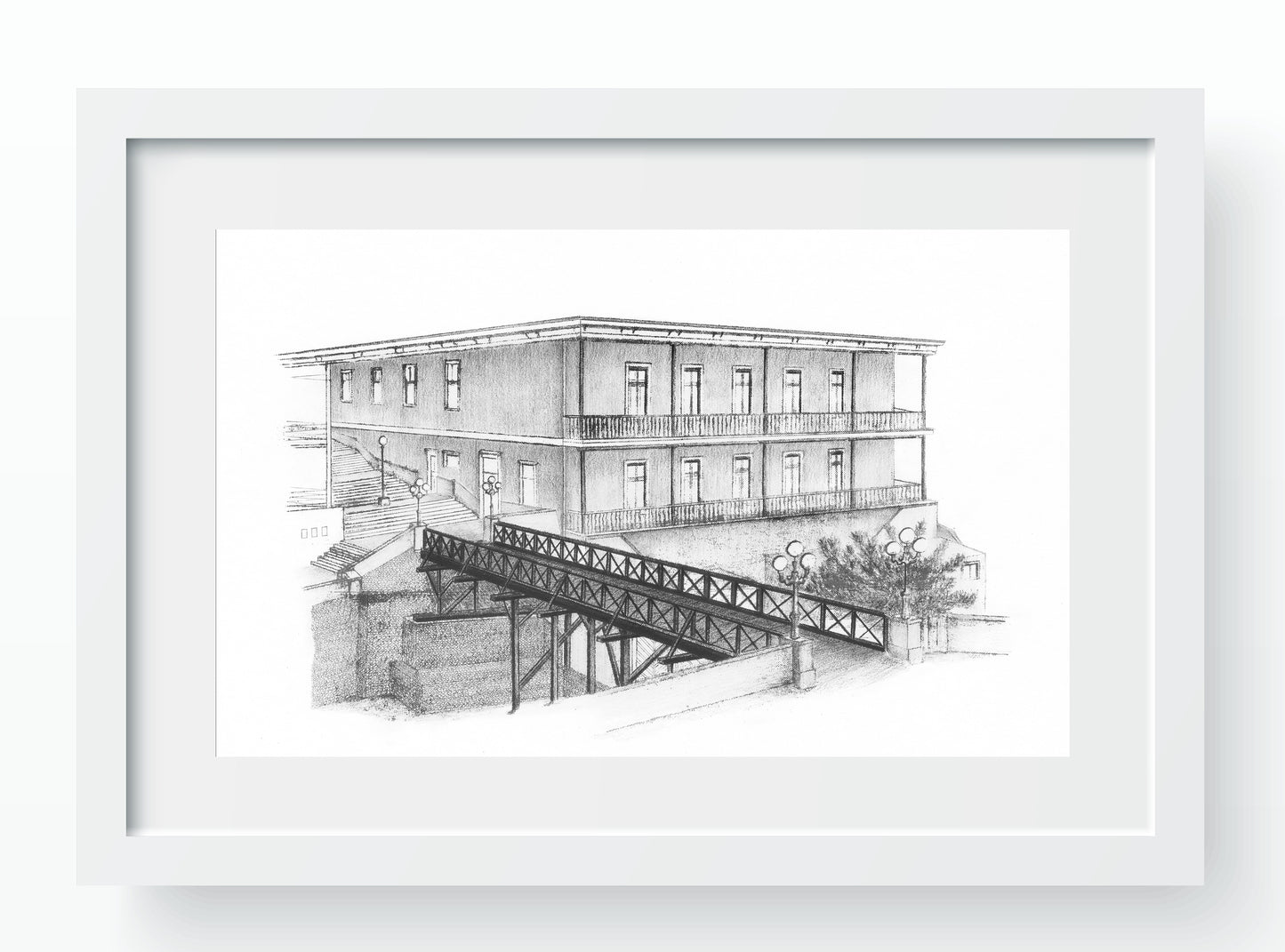 Mockup del dibujo del Puente de los Suspiros en técnica mixta, con marco blanco y paspartú blanco.