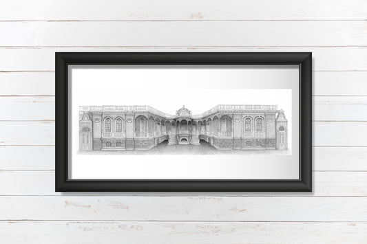 Mockup del dibujo arquitectónico de la Casona Rosell Ríos con marco negro y paspartú blanco.