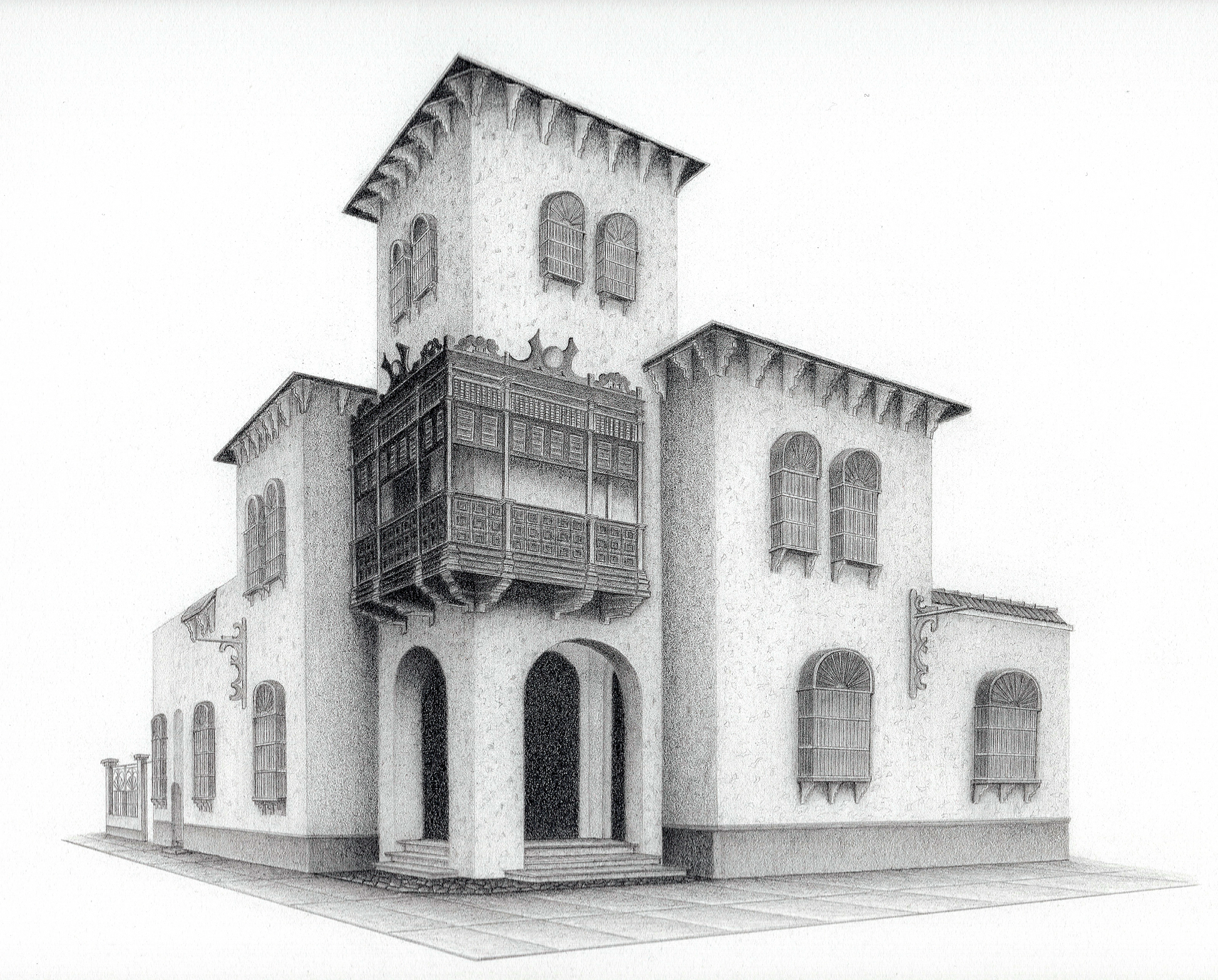 Fine Art Print de la Casona Balcón Limeño. Dibujo arquitectónico de Erin García Morey de una casona neocolonial en Barranco, impreso en papel de algodón de alta calidad.