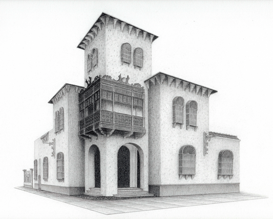 Fine Art Print de la Casona Balcón Limeño. Dibujo arquitectónico de Erin García Morey de una casona neocolonial en Barranco, impreso en papel de algodón de alta calidad.