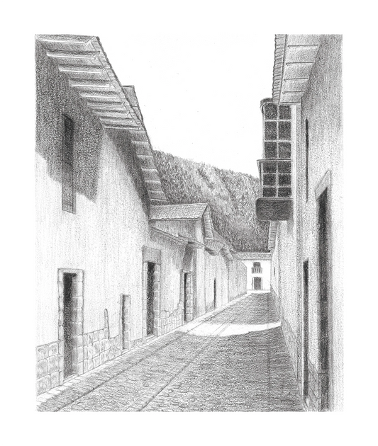 Dibujo realista del barrio de San Blas en Cusco, con una calle empedrada. Obra de Erin García Morey.