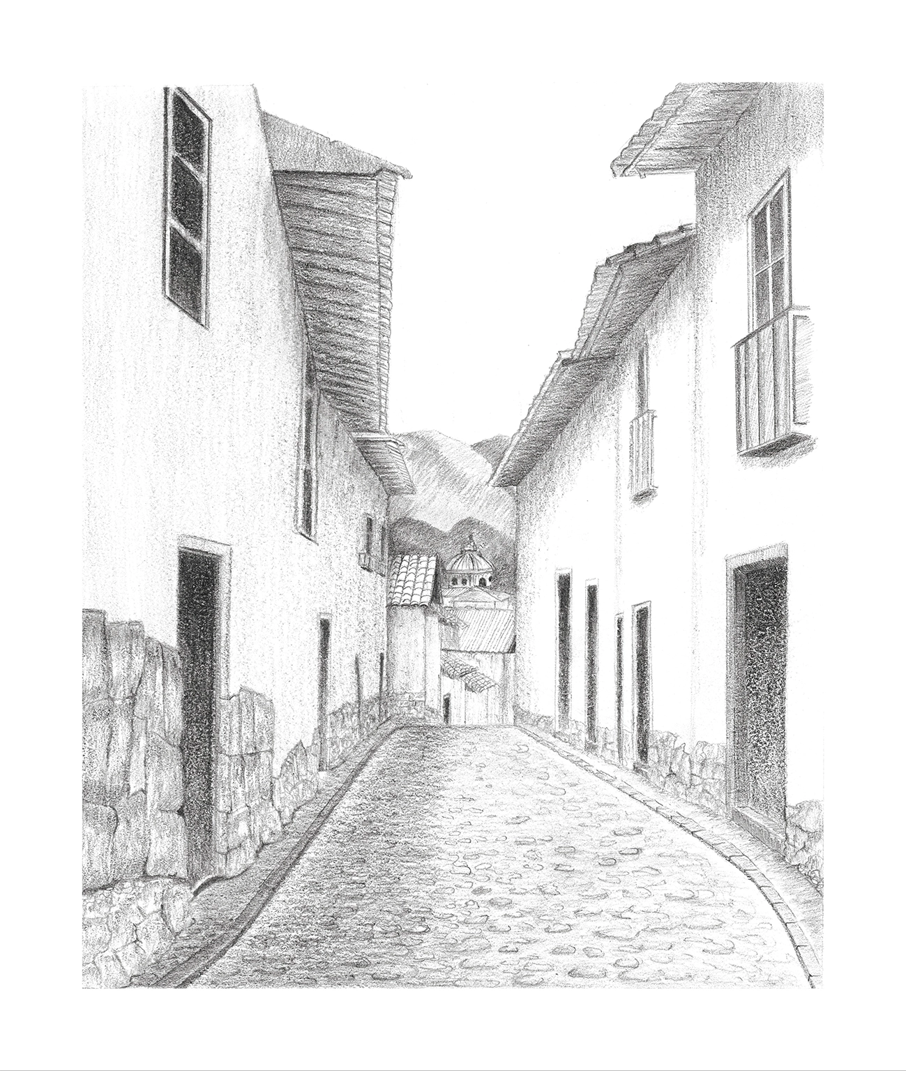 Fine Art Print de San Blas, Cusco. Dibujo arquitectónico en grafito por Erin García Morey, impreso en papel de algodón de alta calidad.