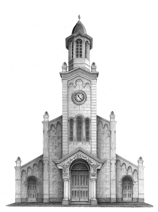 Fine Art Print de la Iglesia San Francisco de Asís en Barranco. Dibujo arquitectónico en grafito por Erin García Morey, impreso en papel de algodón con calidad Fine Art.