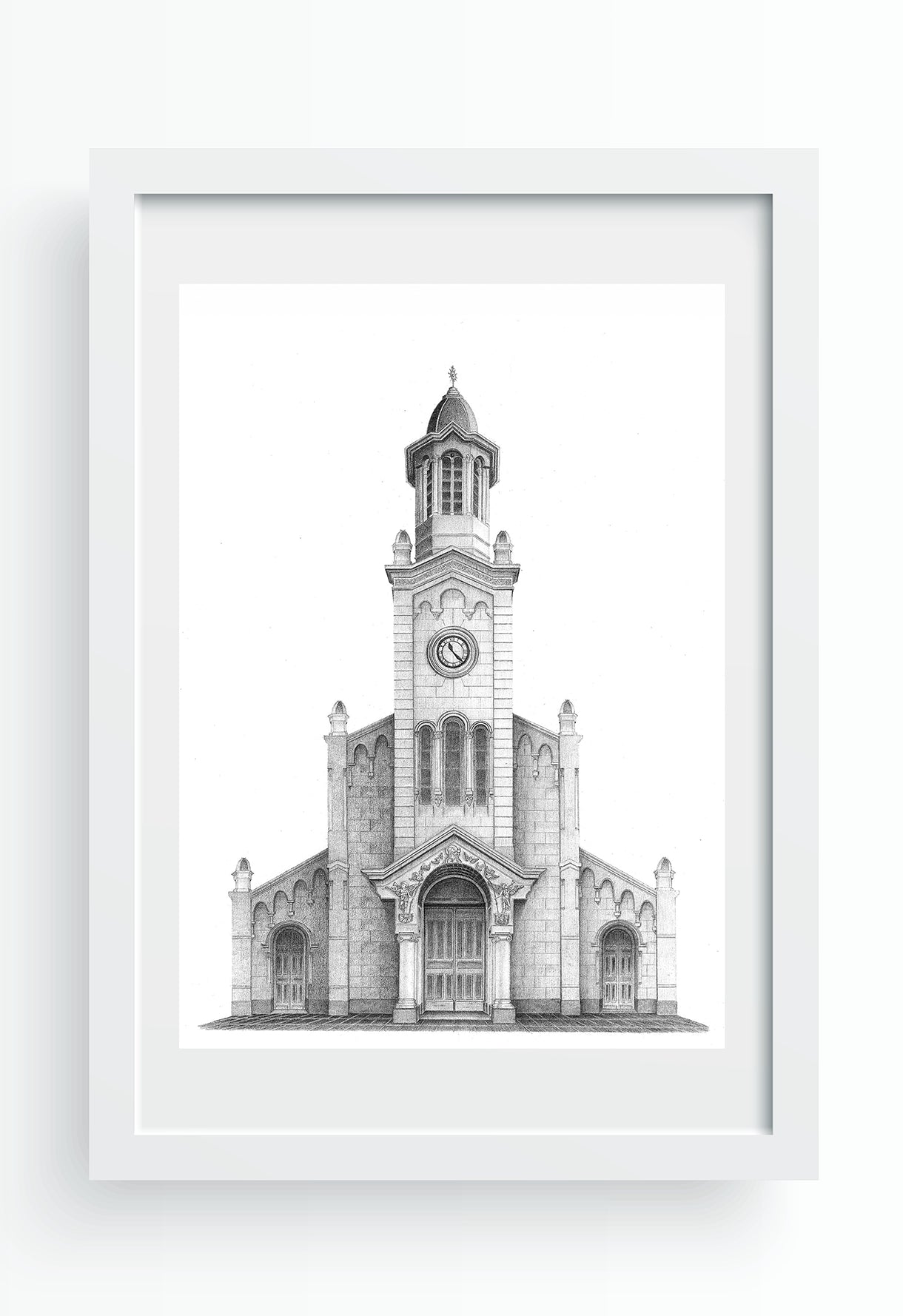 Mockup de un dibujo arquitectónico de la Iglesia San Francisco de Asís en Barranco, con marco blanco minimalista. Obra de Erin García Morey.